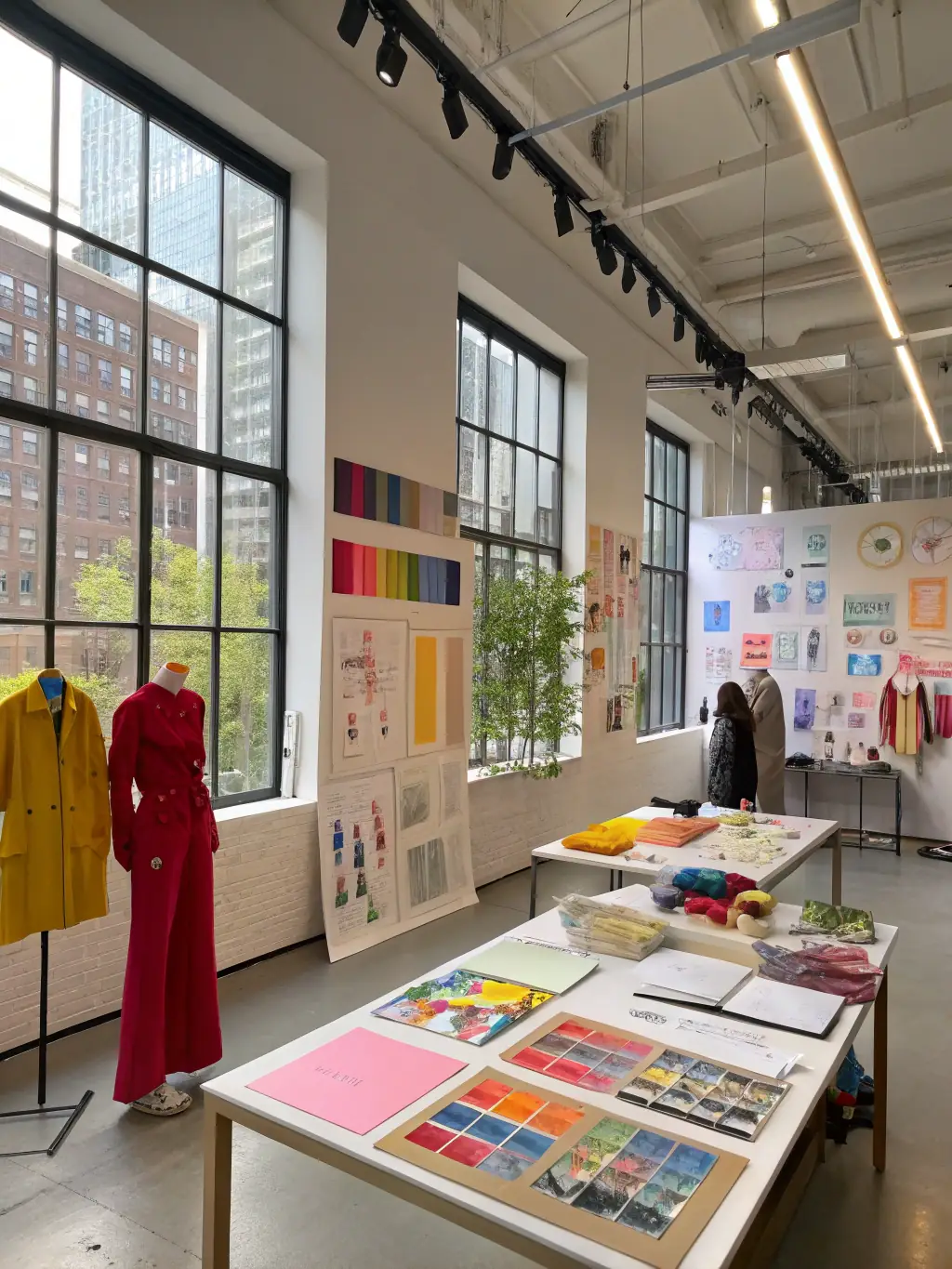 Creative designers sketching and prototyping custom apparel and branded merchandise in a minimalist, well-lit design studio with premium materials on display.