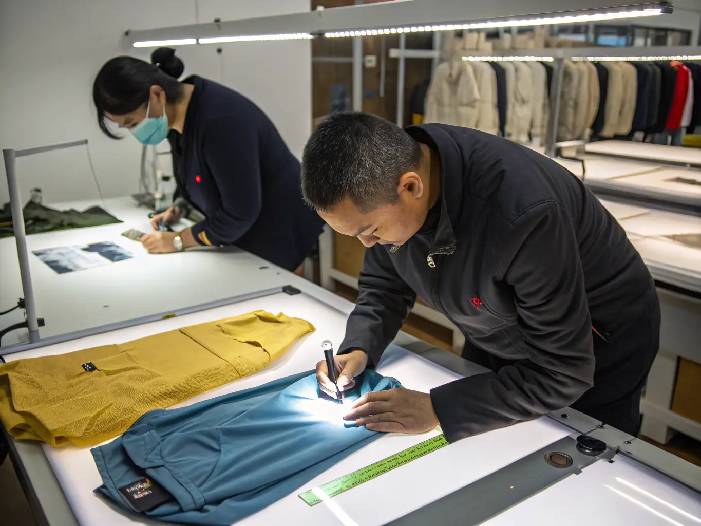 A professional image of a production floor with skilled staff inspecting finished merchandise, stacks of branded apparel, and quality control tags, illustrating PERSONTEES' commitment to premium production standards.