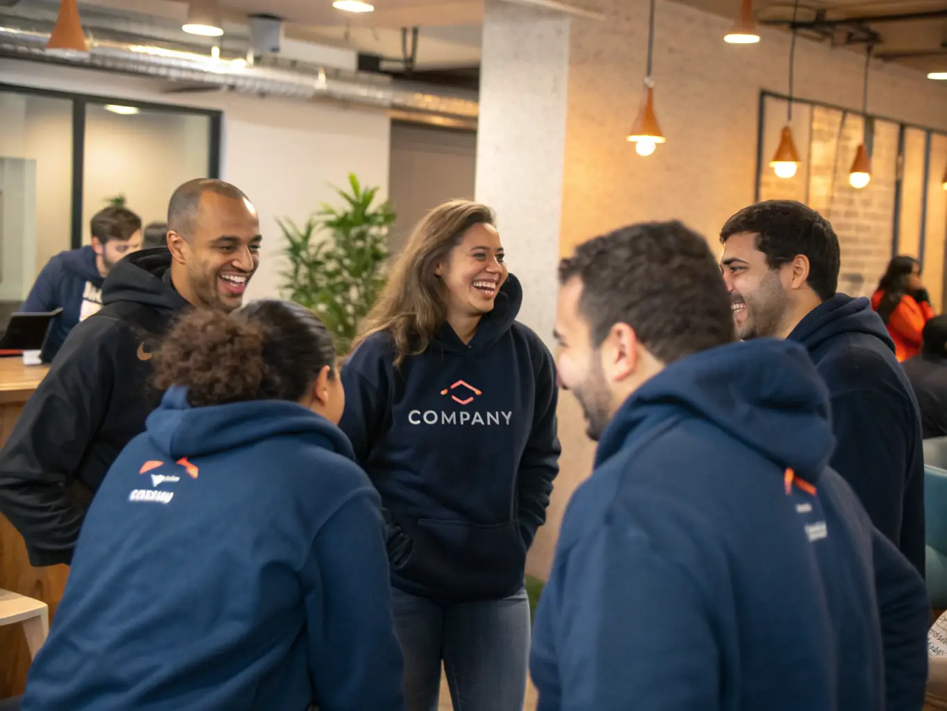 A vibrant group of colleagues in matching custom-printed T-shirts and hoodies, standing together in a modern Hong Kong office, smiling and showing off their company logo apparel.