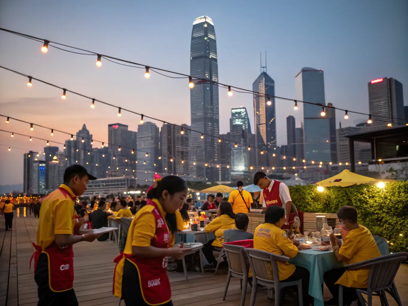 A lively outdoor event scene with participants wearing matching event T-shirts, some with custom graphics and slogans, set against a backdrop of banners and festive decorations in Hong Kong.