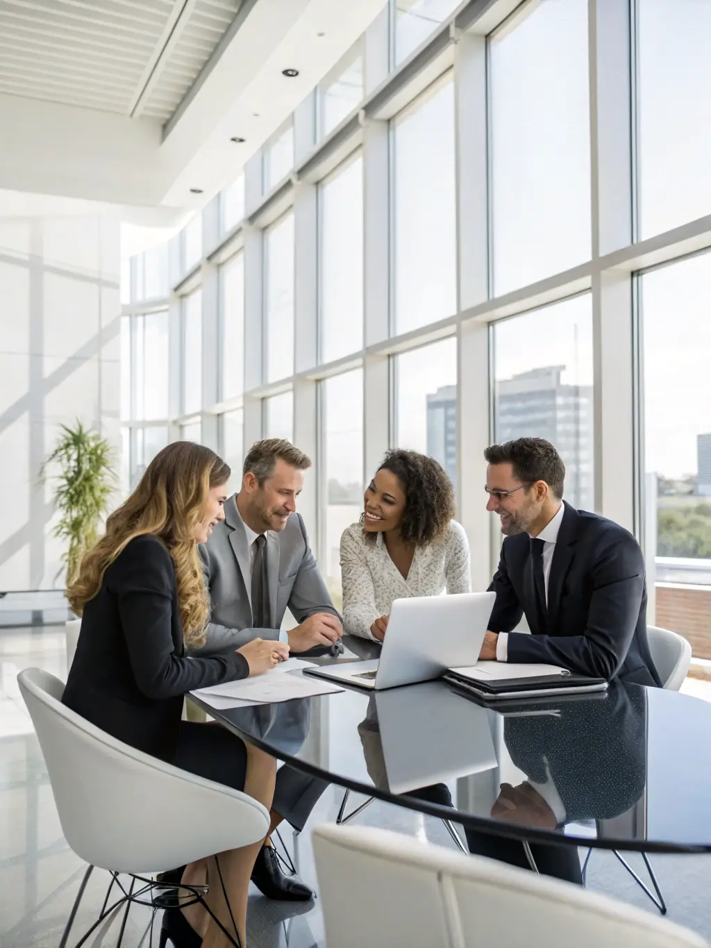 A professional team of diverse individuals in business attire collaborating around a modern conference table, reviewing branding materials and digital presentations, set in a sleek Hong Kong office environment.