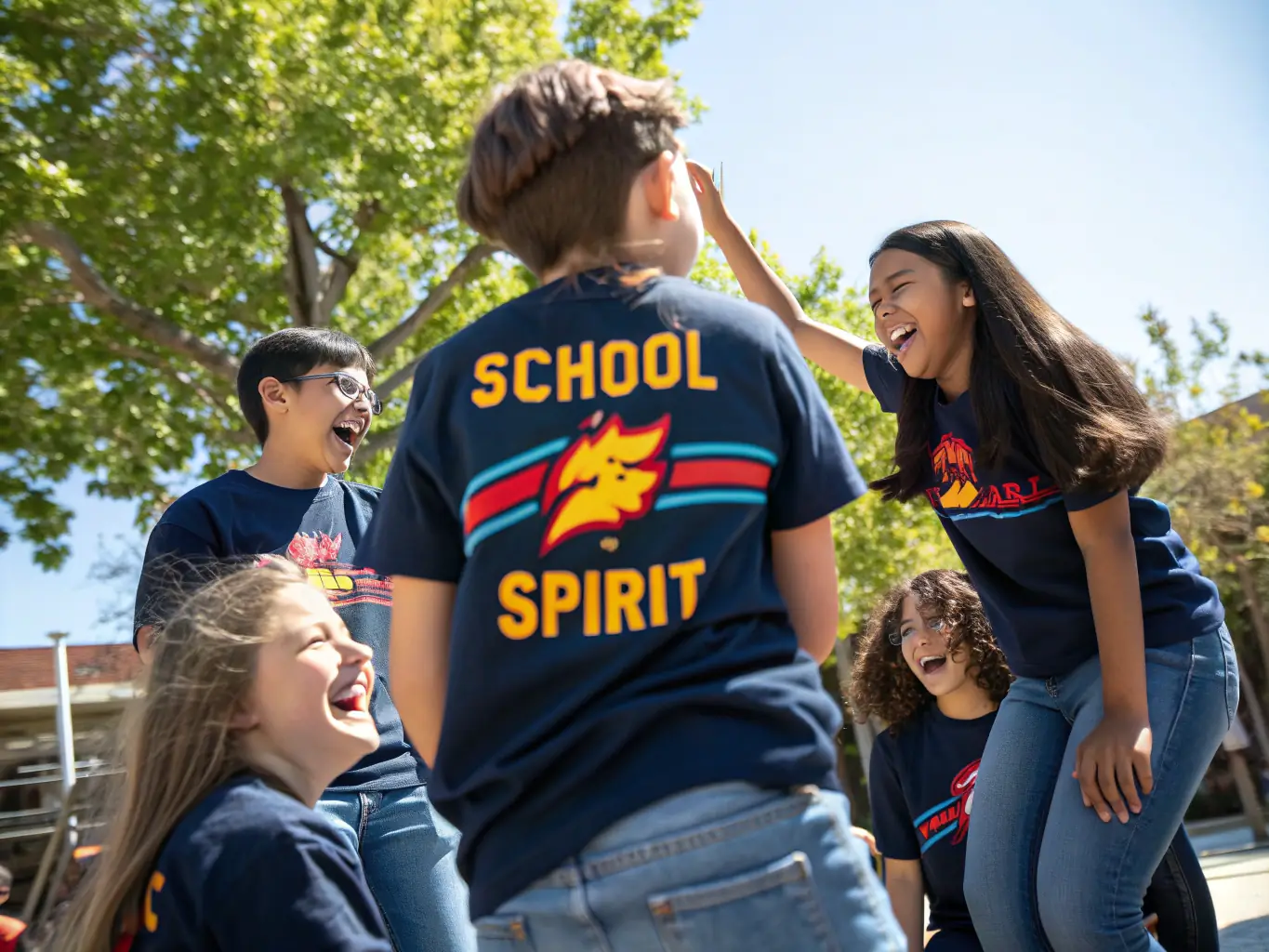 A group of students in colorful, personalized school hoodies and T-shirts, gathered in a schoolyard, laughing and celebrating together, each wearing unique designs representing their class or club.