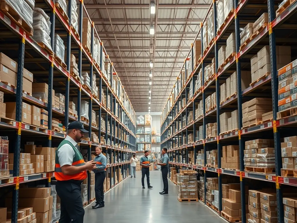 A sleek warehouse scene with organized shelves of branded merchandise, barcode scanners, and a logistics manager coordinating shipments, showcasing PERSONTEES' efficient warehousing and distribution capabilities.