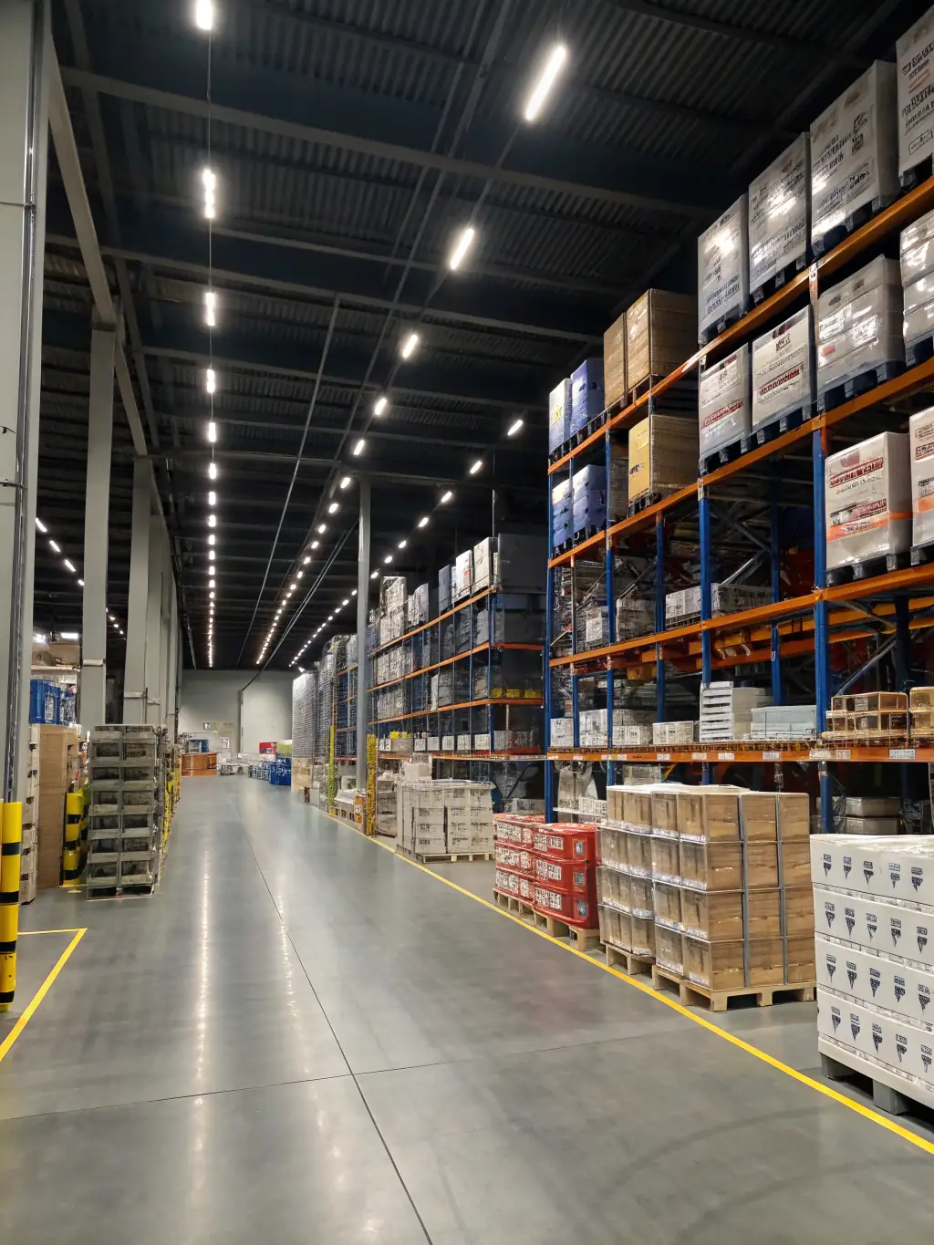 A spacious, organized warehouse with labeled shelves, boxes of branded products, and logistics staff efficiently preparing shipments for distribution.