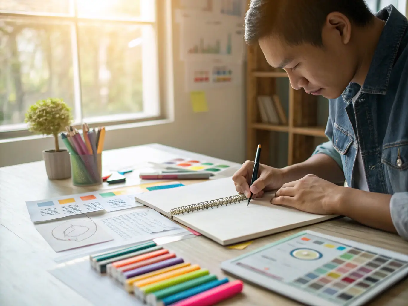 A high-resolution photo of a designer sketching custom apparel concepts in a modern, minimalist studio, with fabric swatches and digital tools visible, representing PERSONTEES' creative design process for premium merchandise.