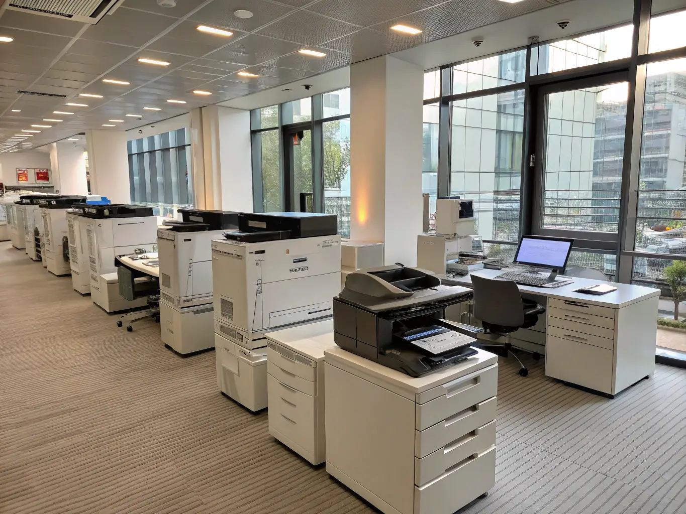 A professional office setting with printers and KF ENTERPRISE INTERNATIONAL LTD branded supplies, emphasizing reliability and efficiency.