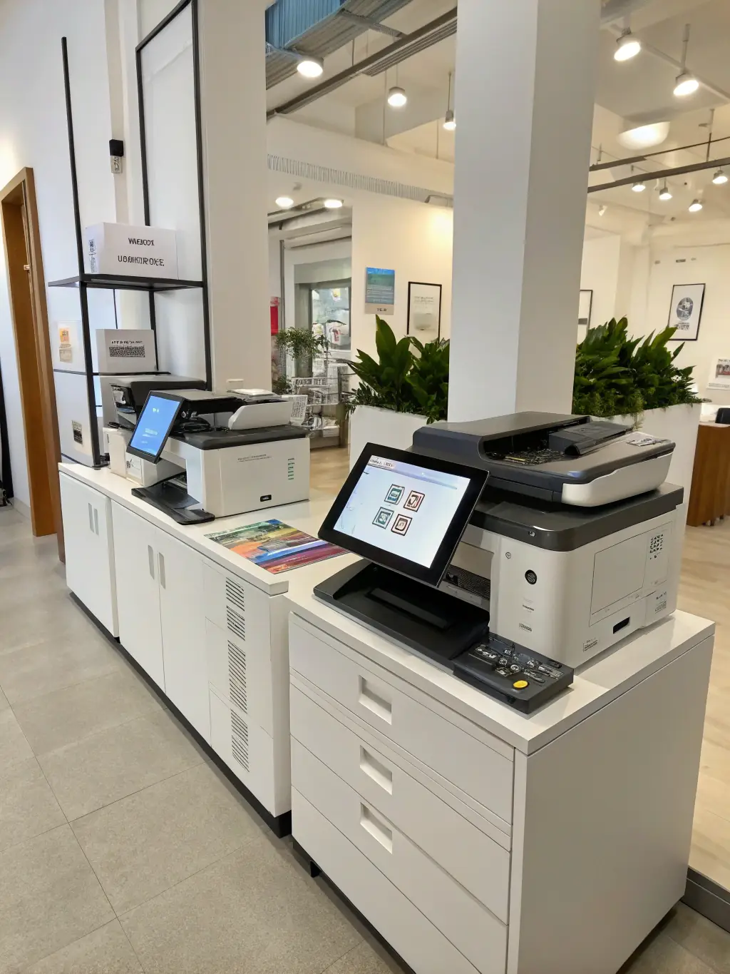A professional office setting with employees efficiently managing printers and supplies, showcasing KF ENTERPRISE INTERNATIONAL LTD's managed print services.